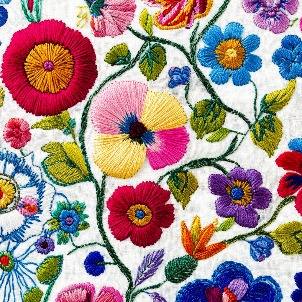 Colorful embroidered flowers on white fabric, Mexican-style details, high resolution.