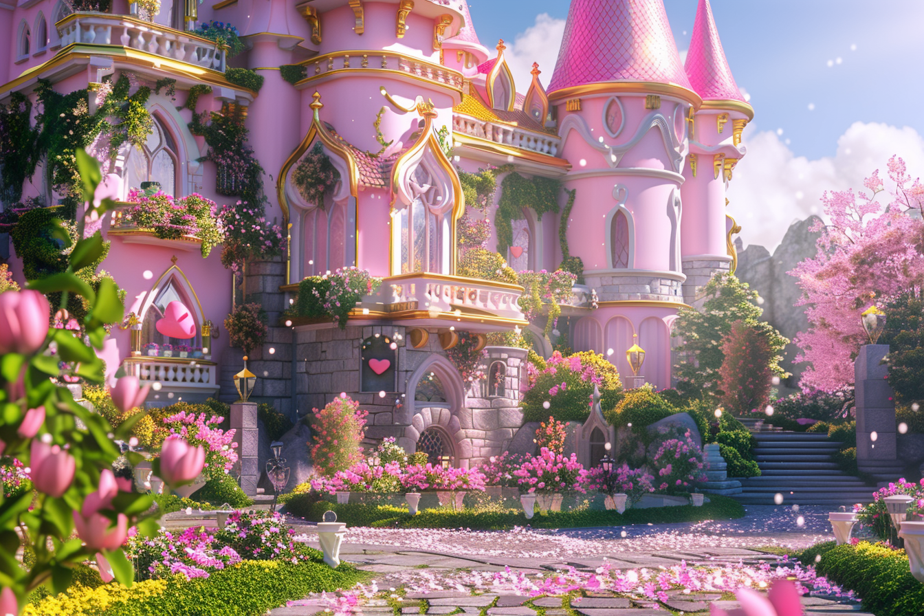 Colorful fairytale castle in lush garden with sunlight reflection.