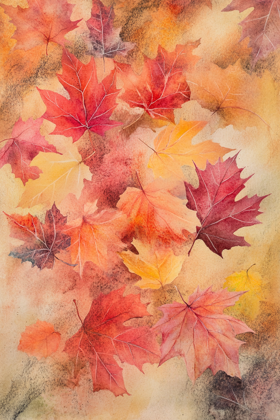 Colorful fall leaves on textured paper with sunlight