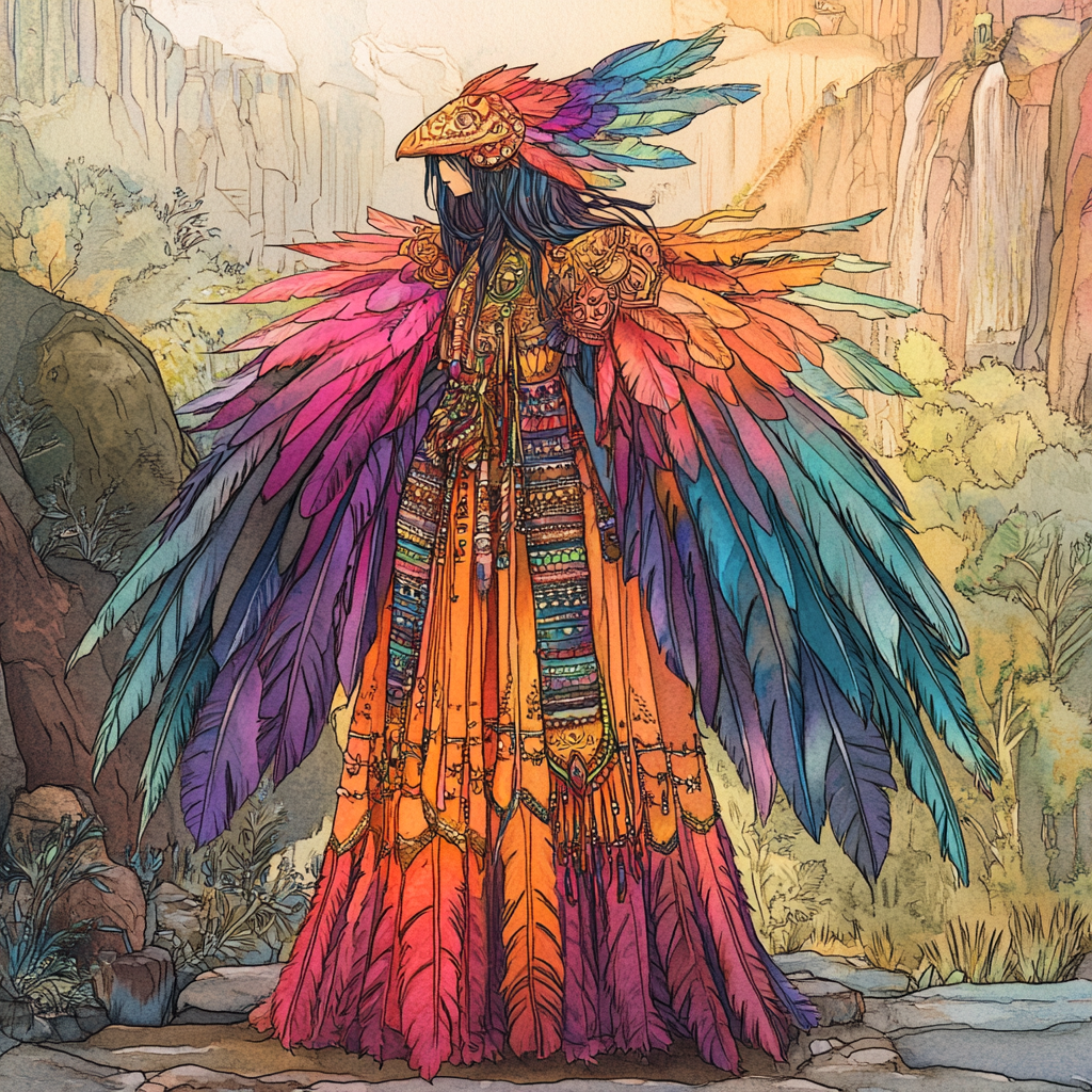 Colorful female healer in feather dress and armor