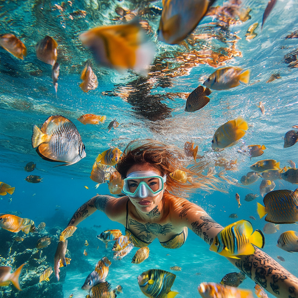 Colorful fish swim around tattooed woman in Caribbean.