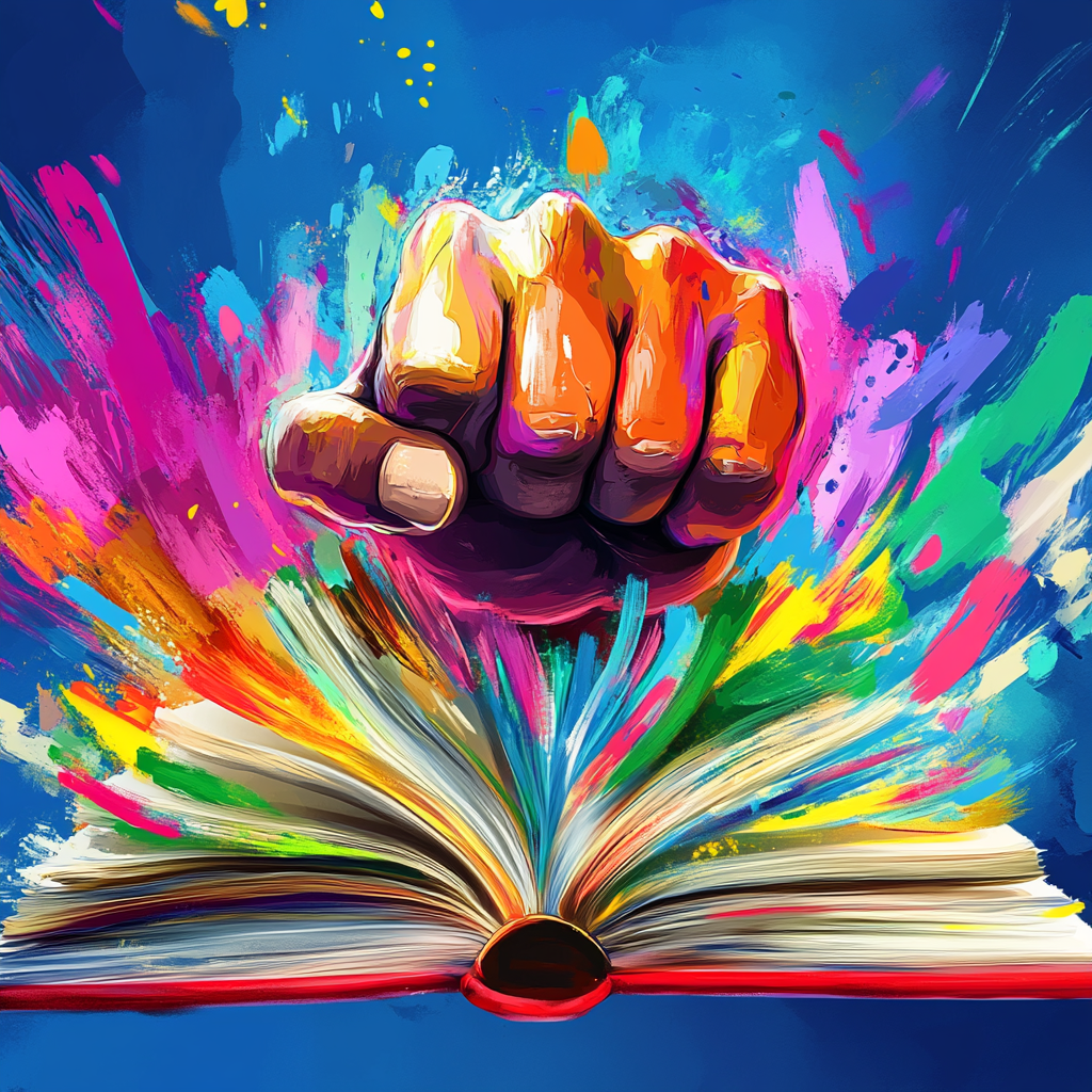 Colorful fist bursts from book, whimsical cartoon style.