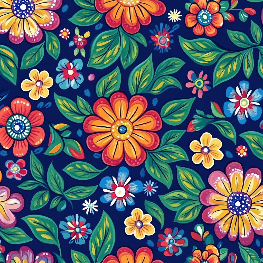 Colorful floral pattern with Mexican folk art style on blue tile.