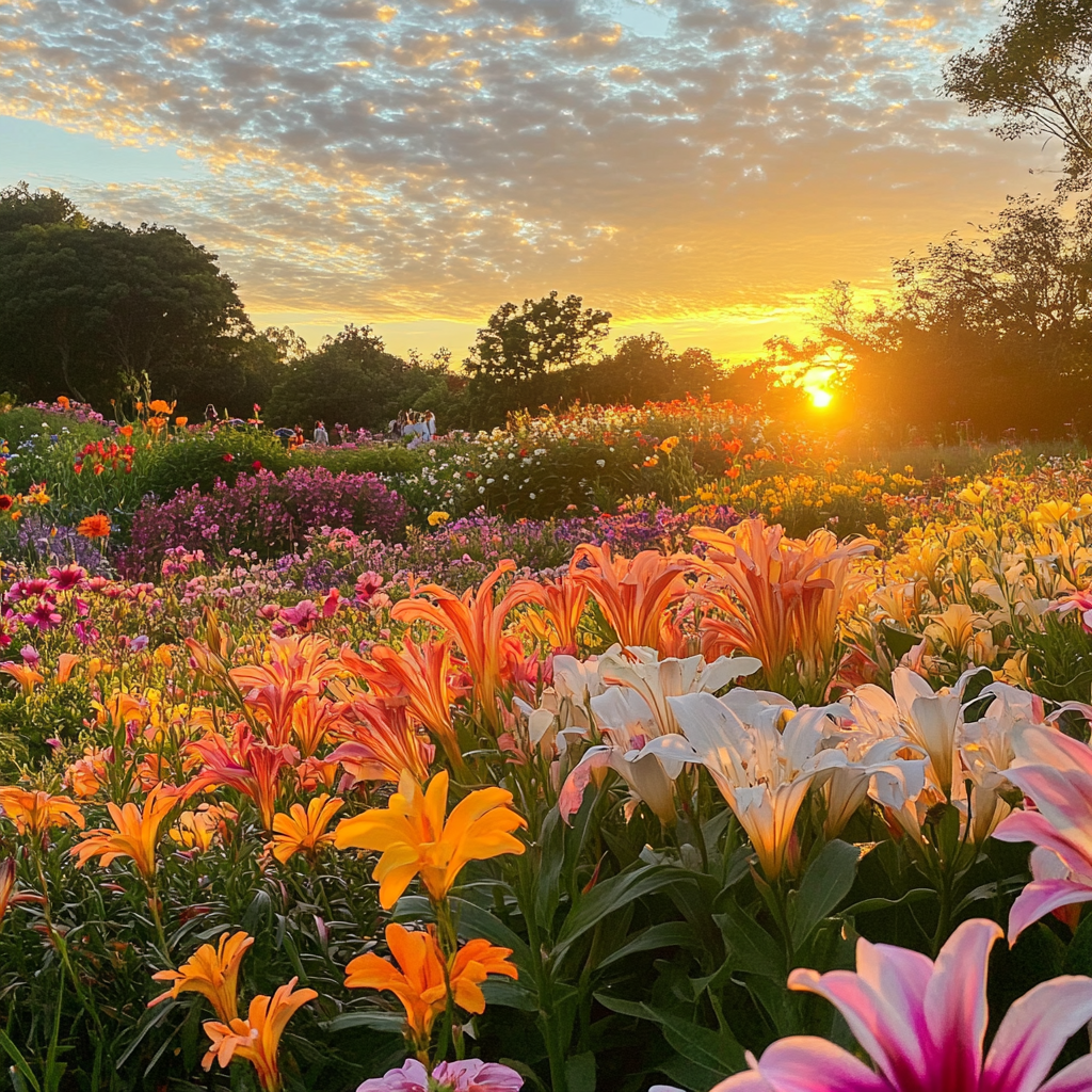 Colorful flower garden at sunrise, peaceful beauty 