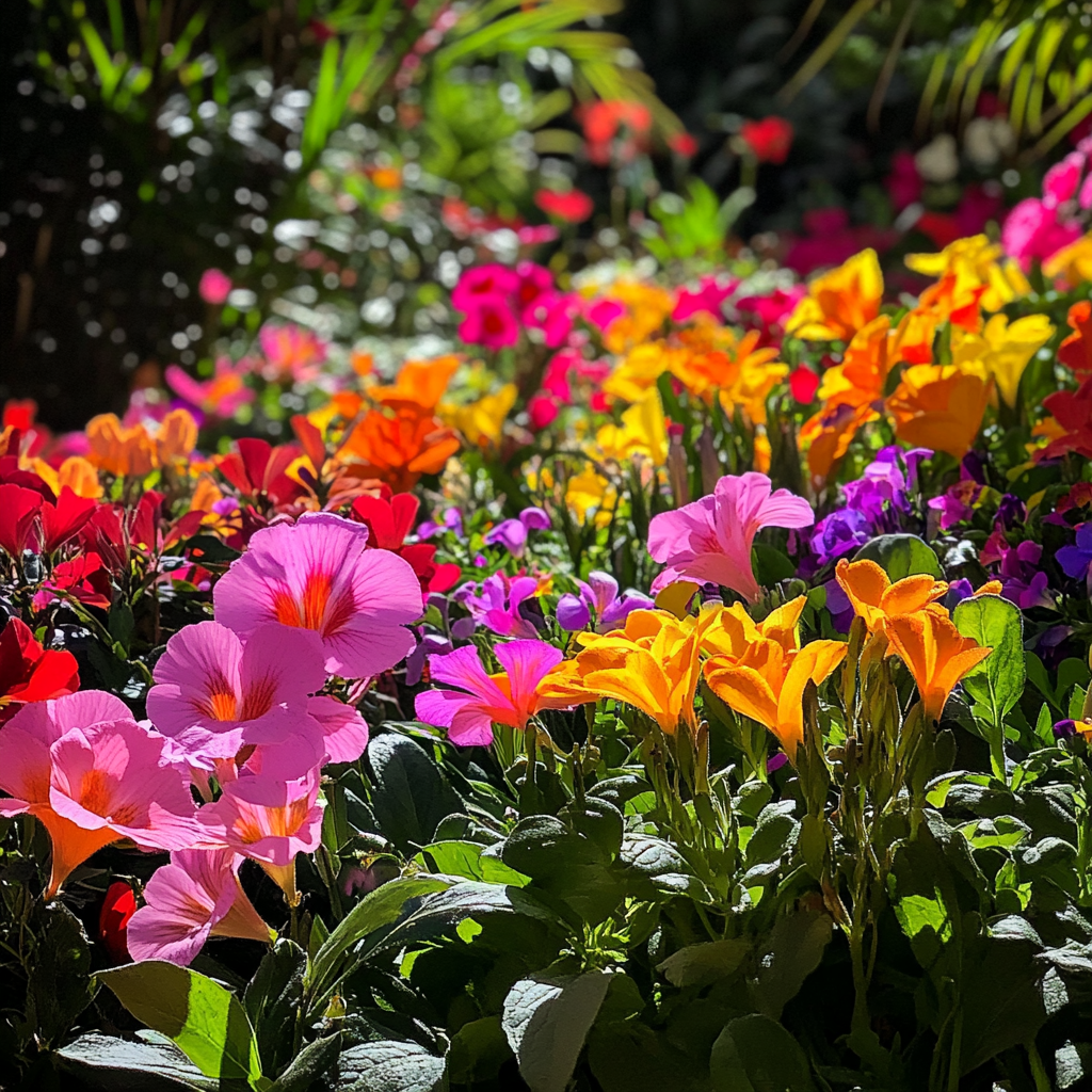 Colorful flowers in lush garden, vibrant hues iPhone 15.