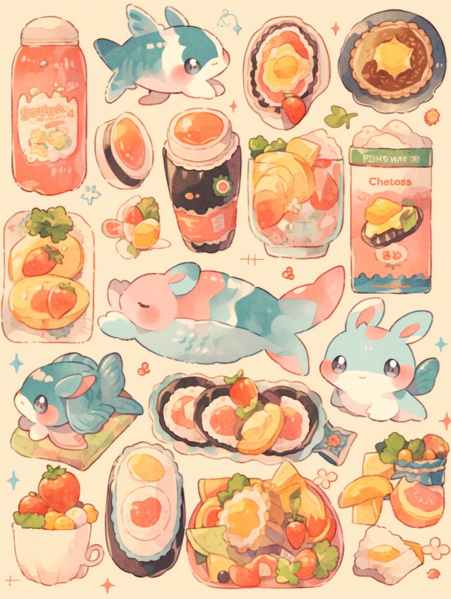 Colorful food and drink icons in kawaii manga style.