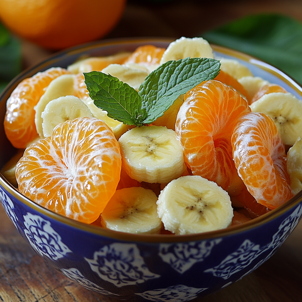 Colorful fruit salad with fresh mint, visually appealing dish.