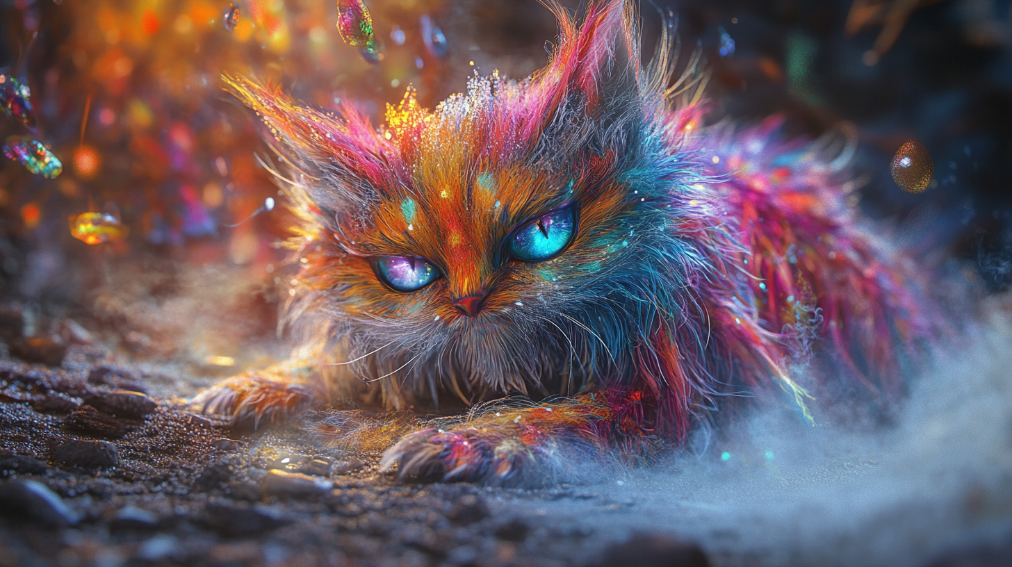 Colorful furry mythical creature in fantasy world.