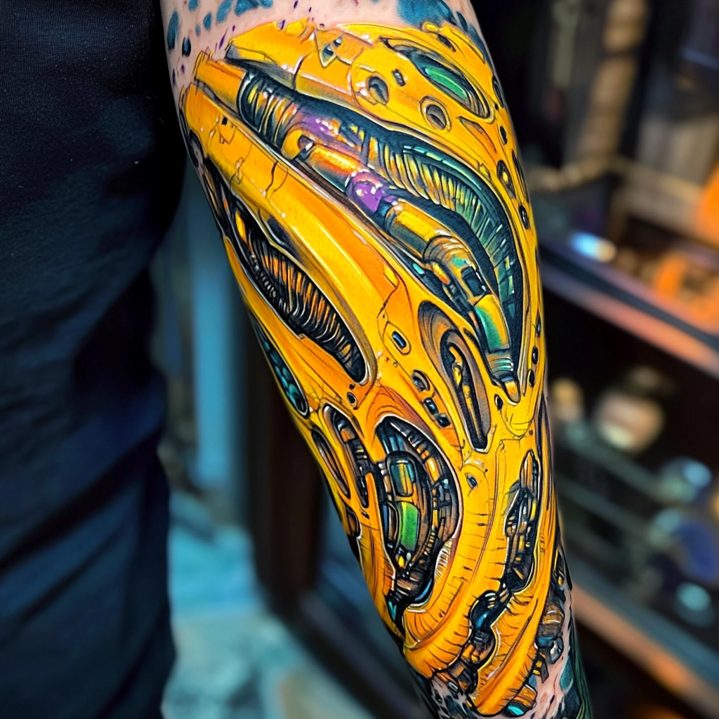 Colorful futuristic arm tattoo with alien background