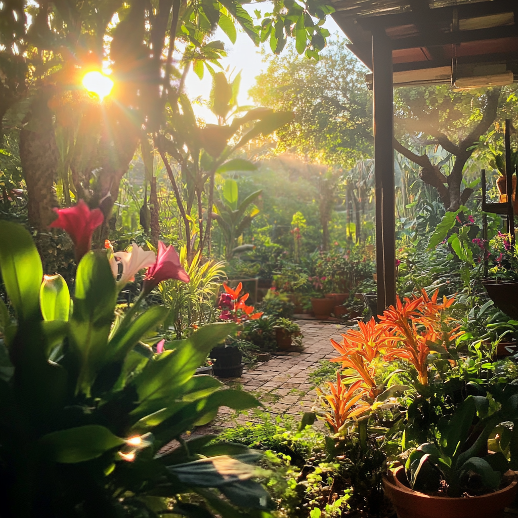 Colorful garden with thriving plants under warm sun.