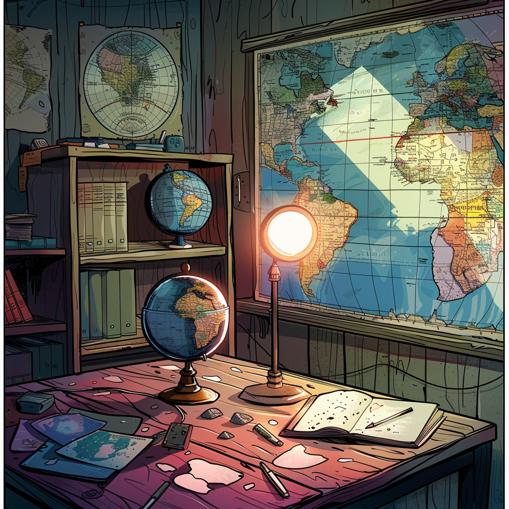 Colorful geography classroom with antique compasses and globe.