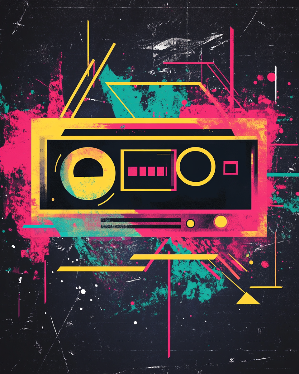 Colorful geometric boombox design with grunge elements, flat 2D