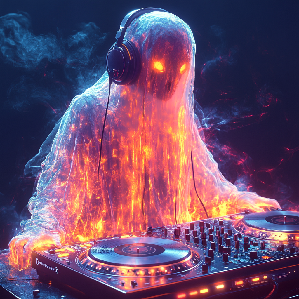 Colorful ghost and headphones on a turntable