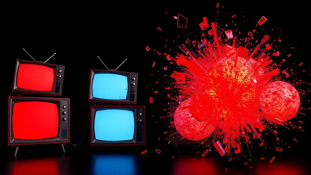 Colorful glass TV explosion on black background.