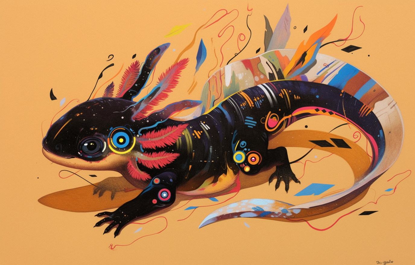 Colorful glitched axolotl drawing on orange canvas with wire.