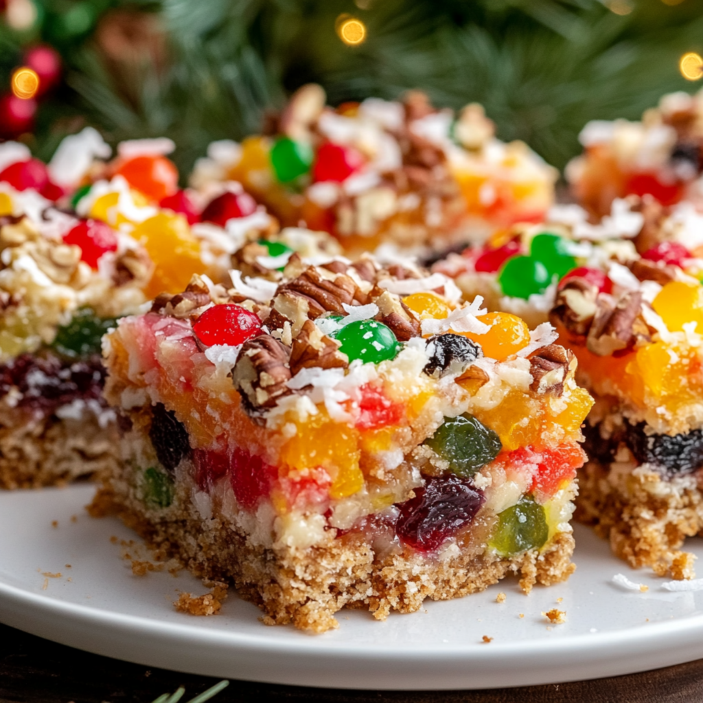 Colorful holiday fruit bars on white plate