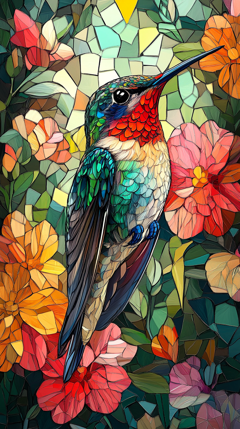 Colorful hummingbird with flowers in mosaic artwork background.