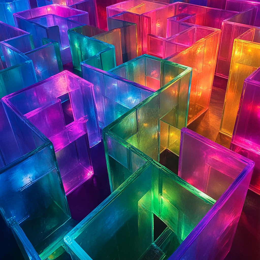 Colorful illuminated acrylic maze with vibrant walls - Overhead_VIEW