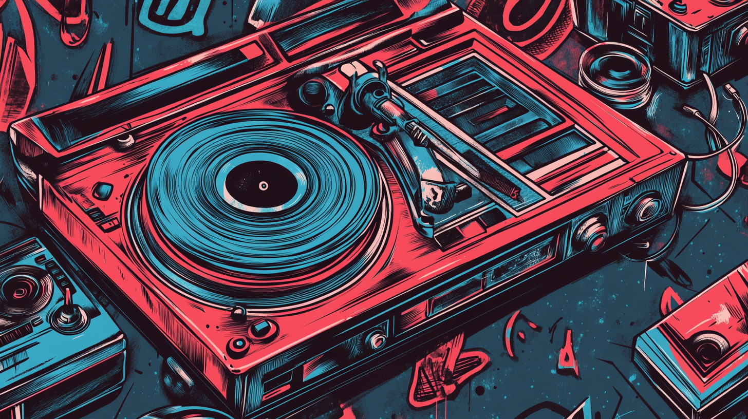 Colorful illustration of urban music scene with hip-hop theme.