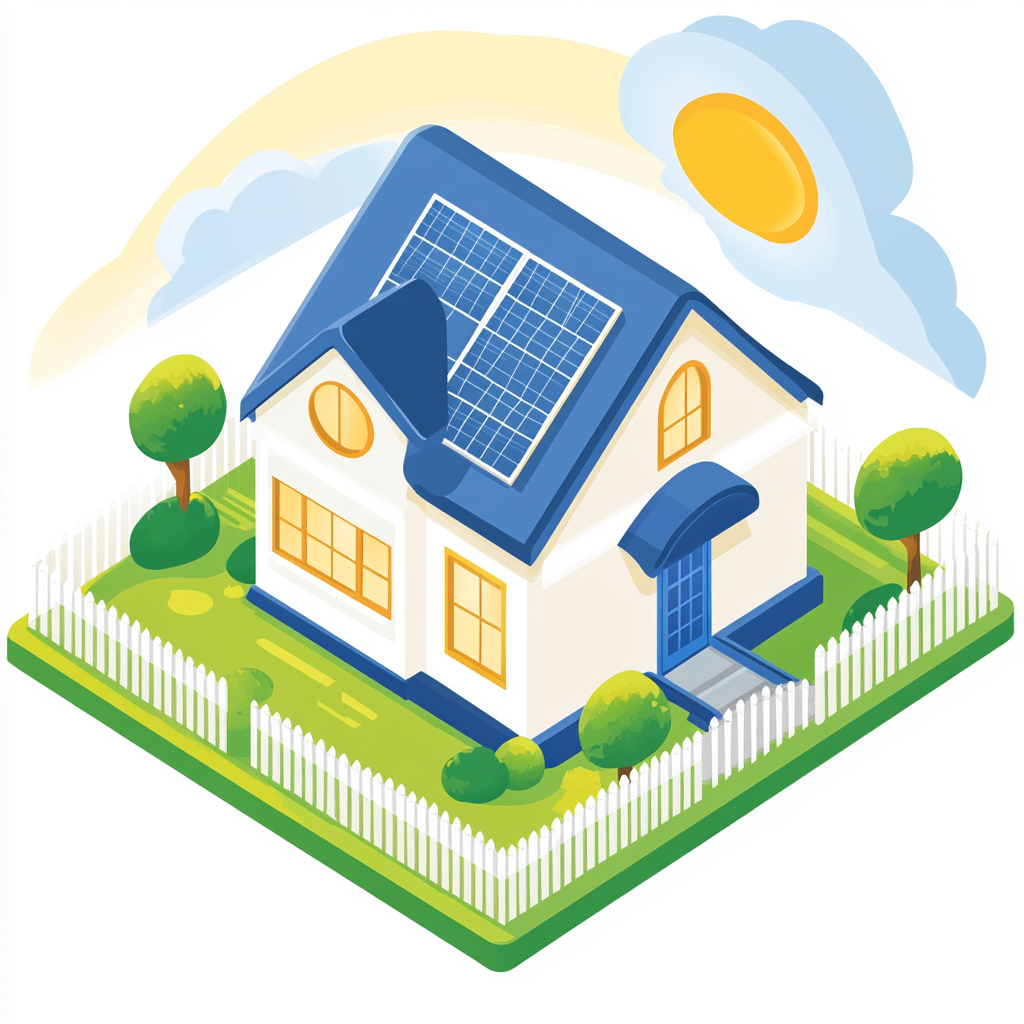 Colorful isometric vector house illustration with solar panels and trees