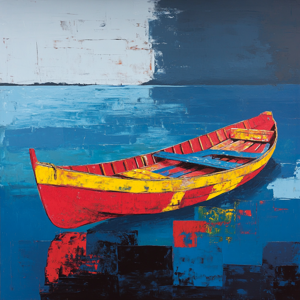 Colorful jangada boat contrasts with somber seascape background.