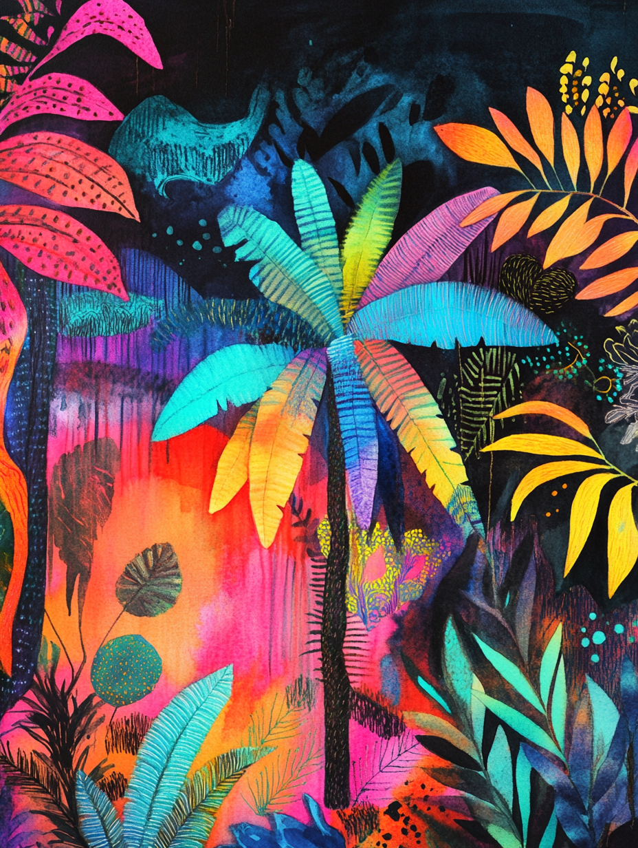 Colorful jungle watercolor painting in bold feminine style.