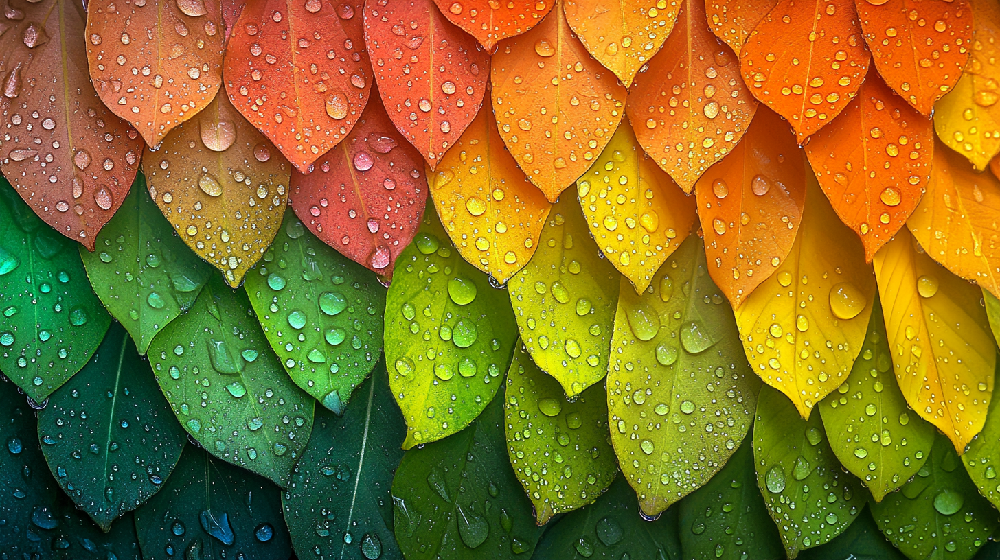 Colorful leaves with water droplets in a rainbow arc.