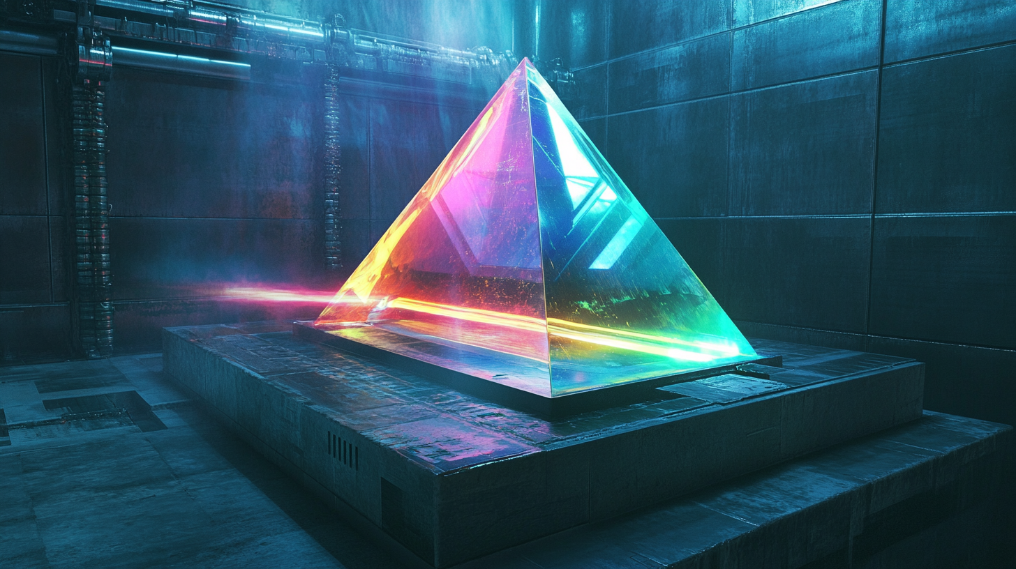 Colorful light beam shines from triangular prism on platform