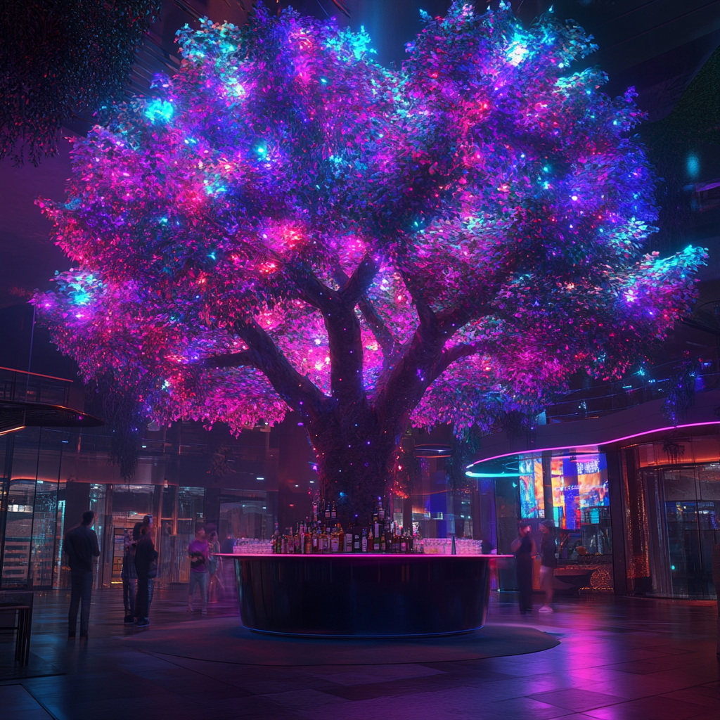 Colorful lights shine on cyberpunk mall tree bar.