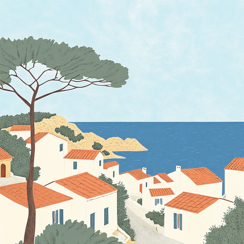 Colorful line drawing of Provencal village in sunny south France.