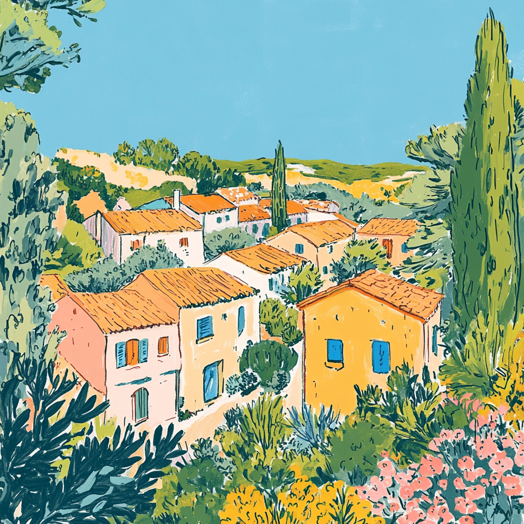 Colorful line drawing of Provencal village with blue sky.