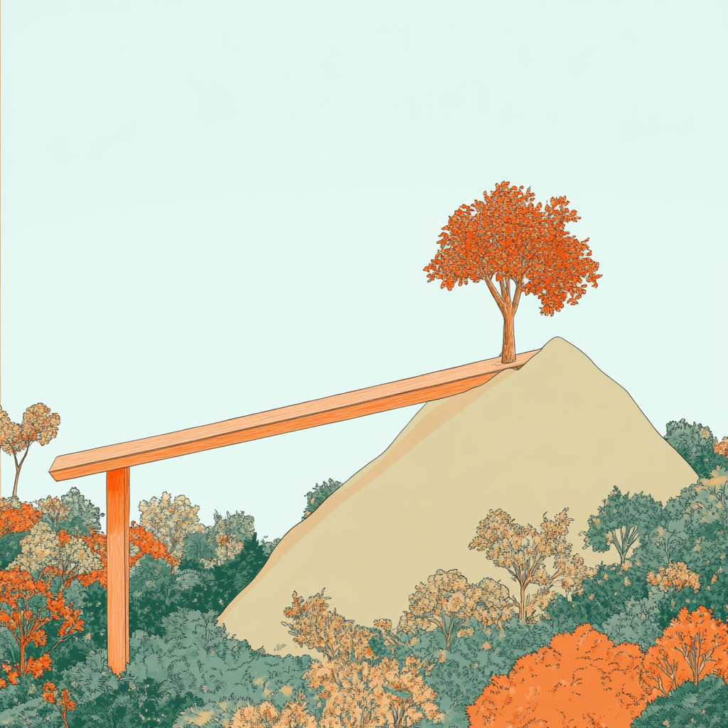 Colorful line drawing of triangular mountain with wooden lever.