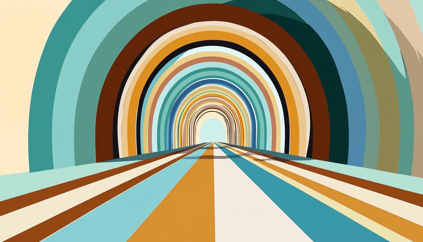 Colorful lines and archway design with rays.