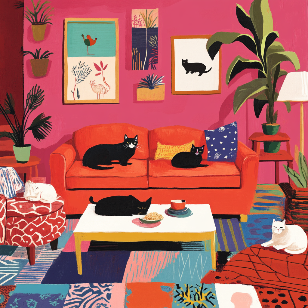 Colorful living room with playful cats.