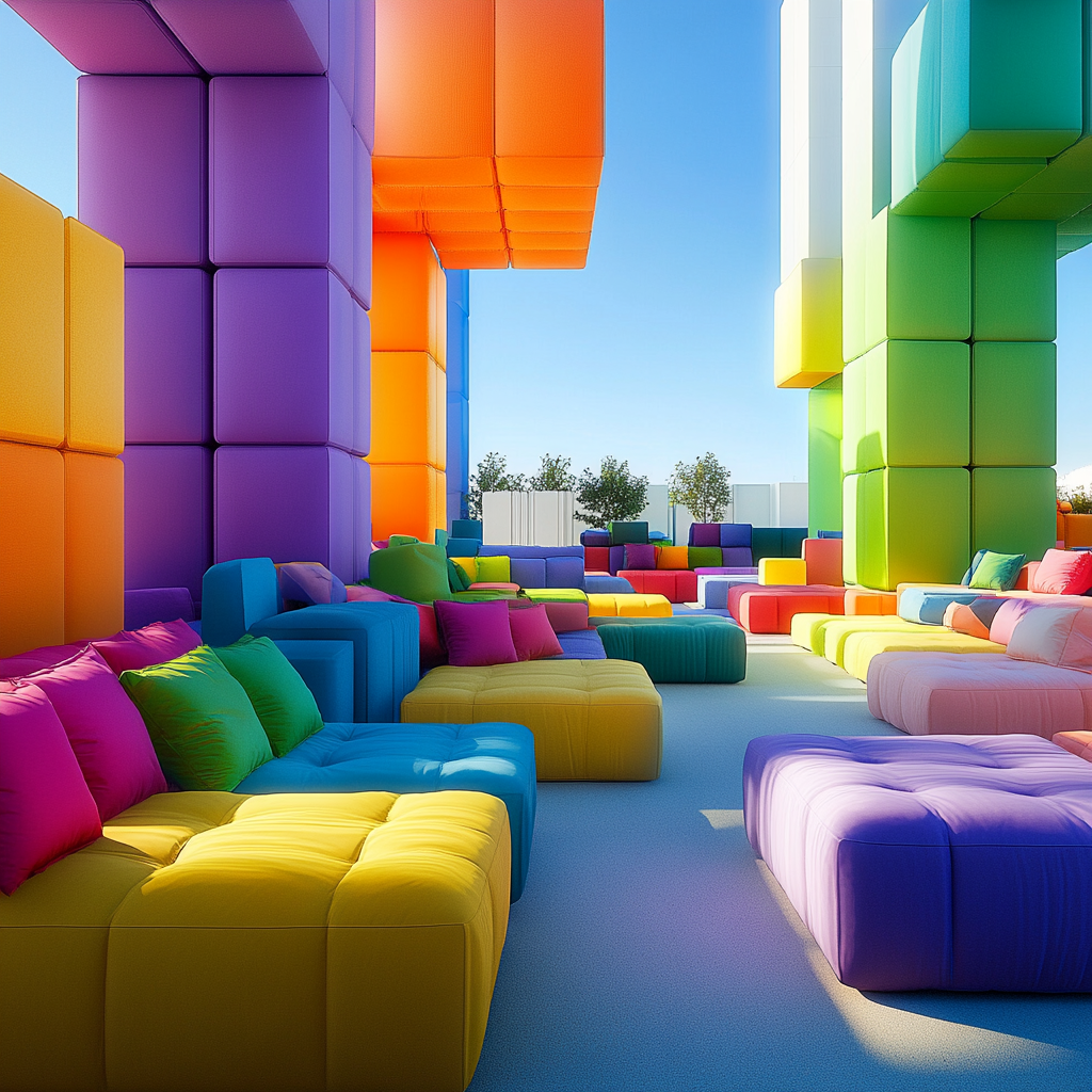 Colorful lounge with vibrant stacked box sofas in open studio.