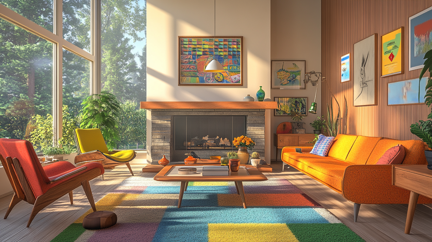 Colorful mid-century modern living room with fireplace and windows.