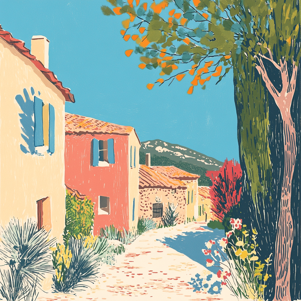 Colorful minimalist line drawing of Provencal village.