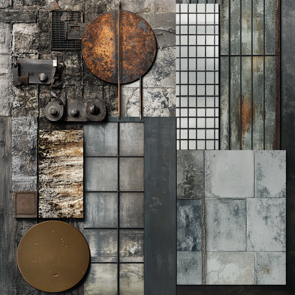 Colorful moodboard inspired by old industrial architecture and railroad