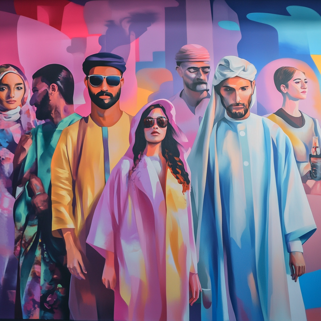 Colorful mural in Dubai representing diverse culture, landmarks, 3D.