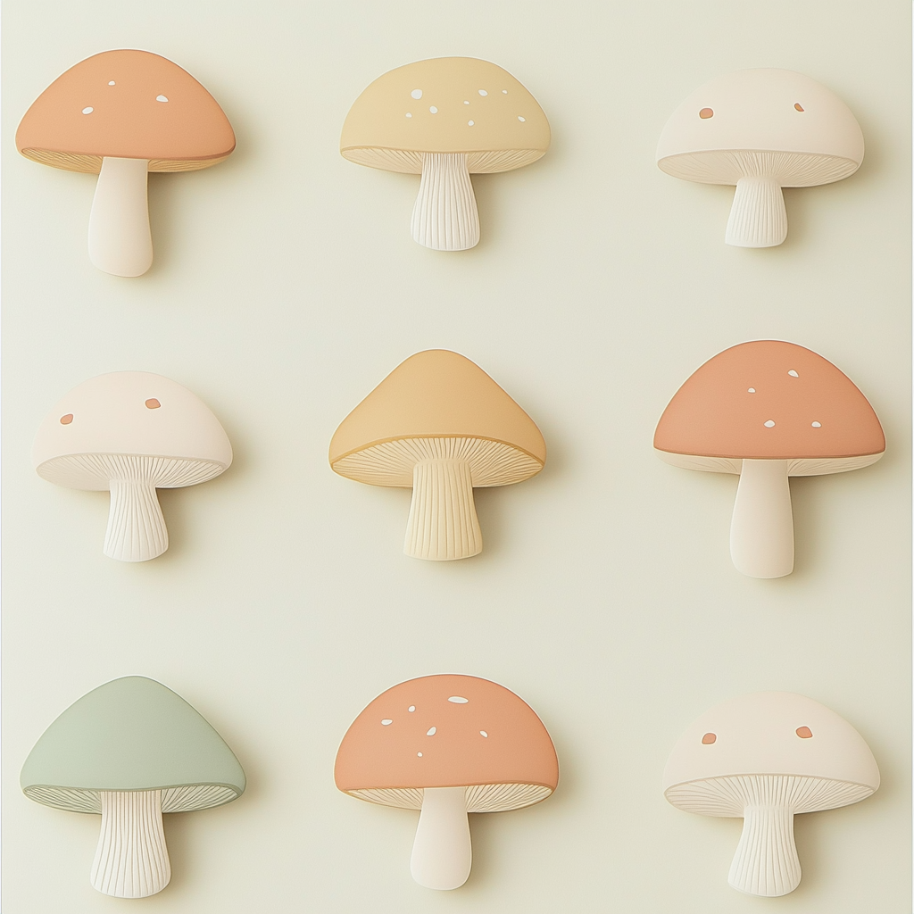 Colorful mushroom shapes on cream background with negative space.