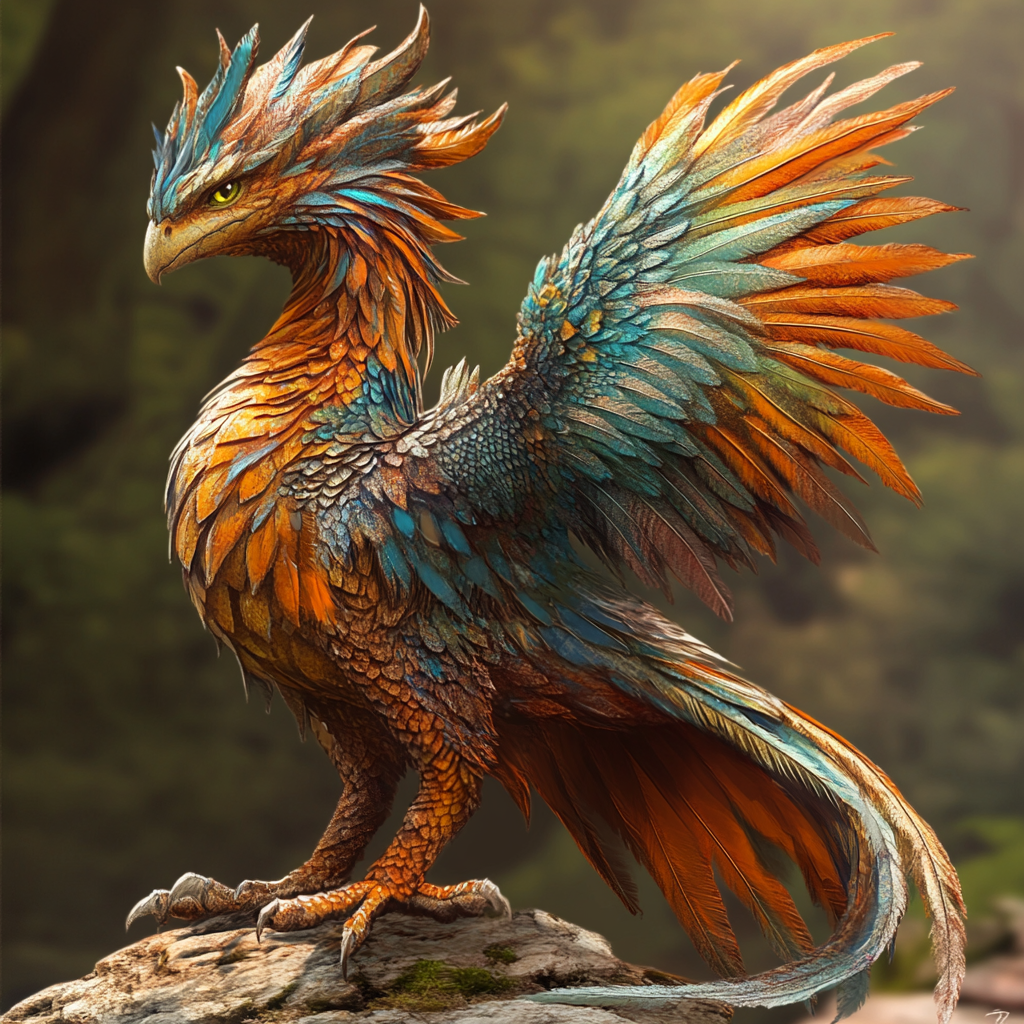 Colorful mythological creature with blended animal traits in detailed setting.