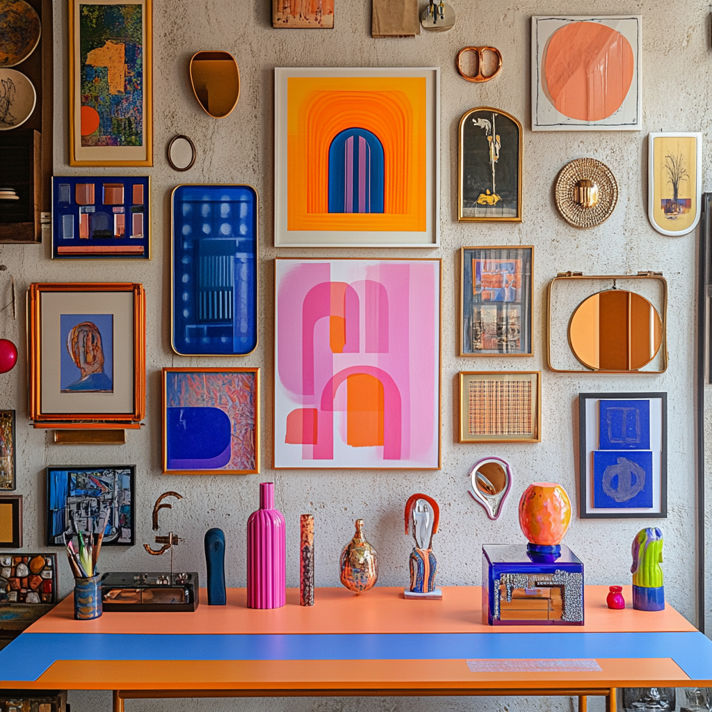 Colorful objects on gallery wall above desk