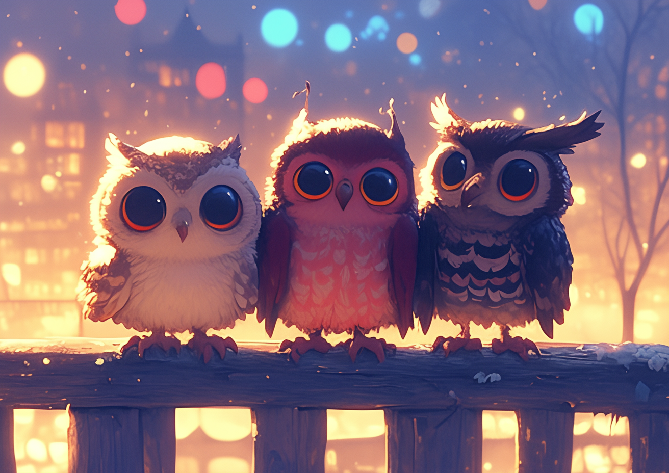 Colorful owls with big eyes on fence.