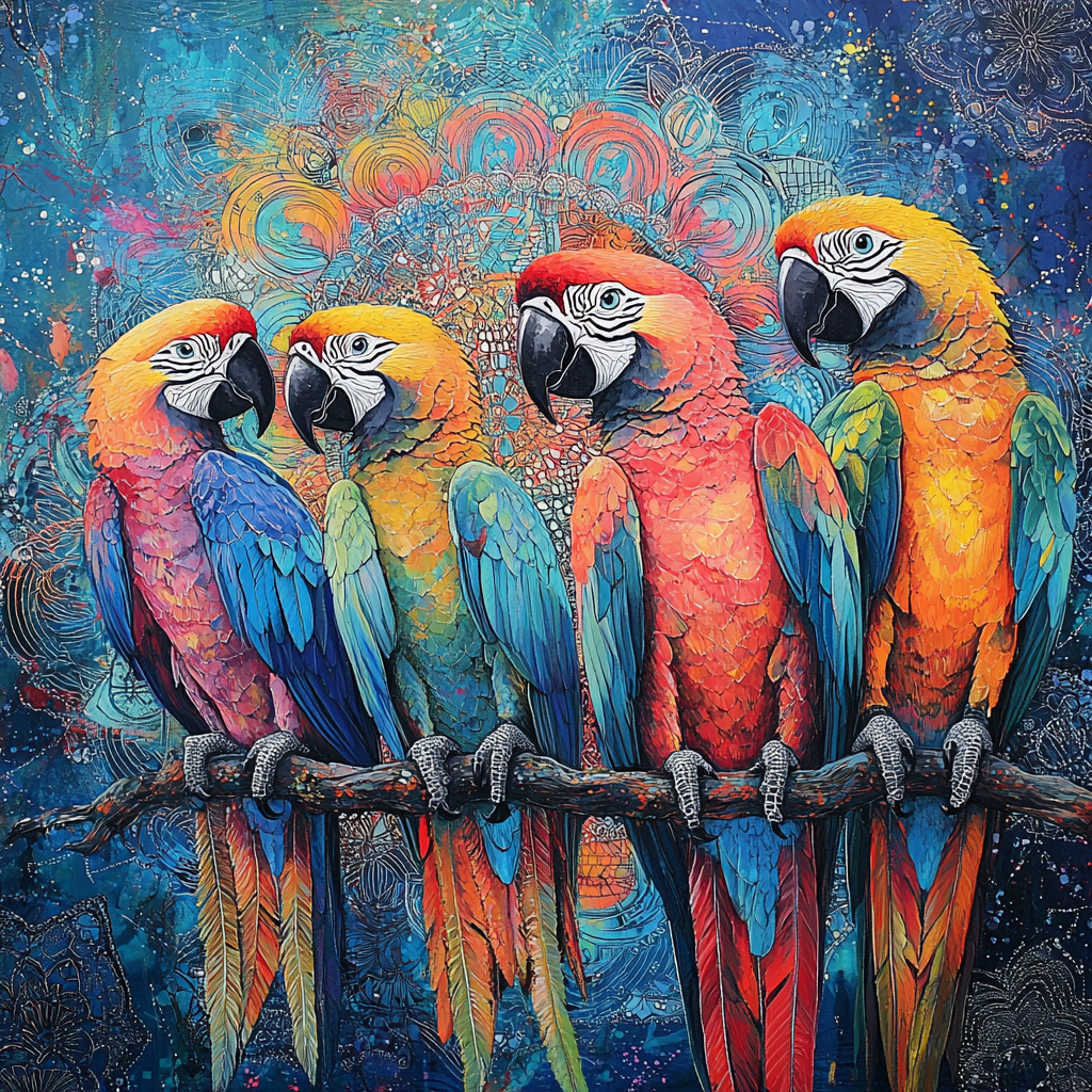 Colorful painting of macaws in dynamic poses, mandala background.