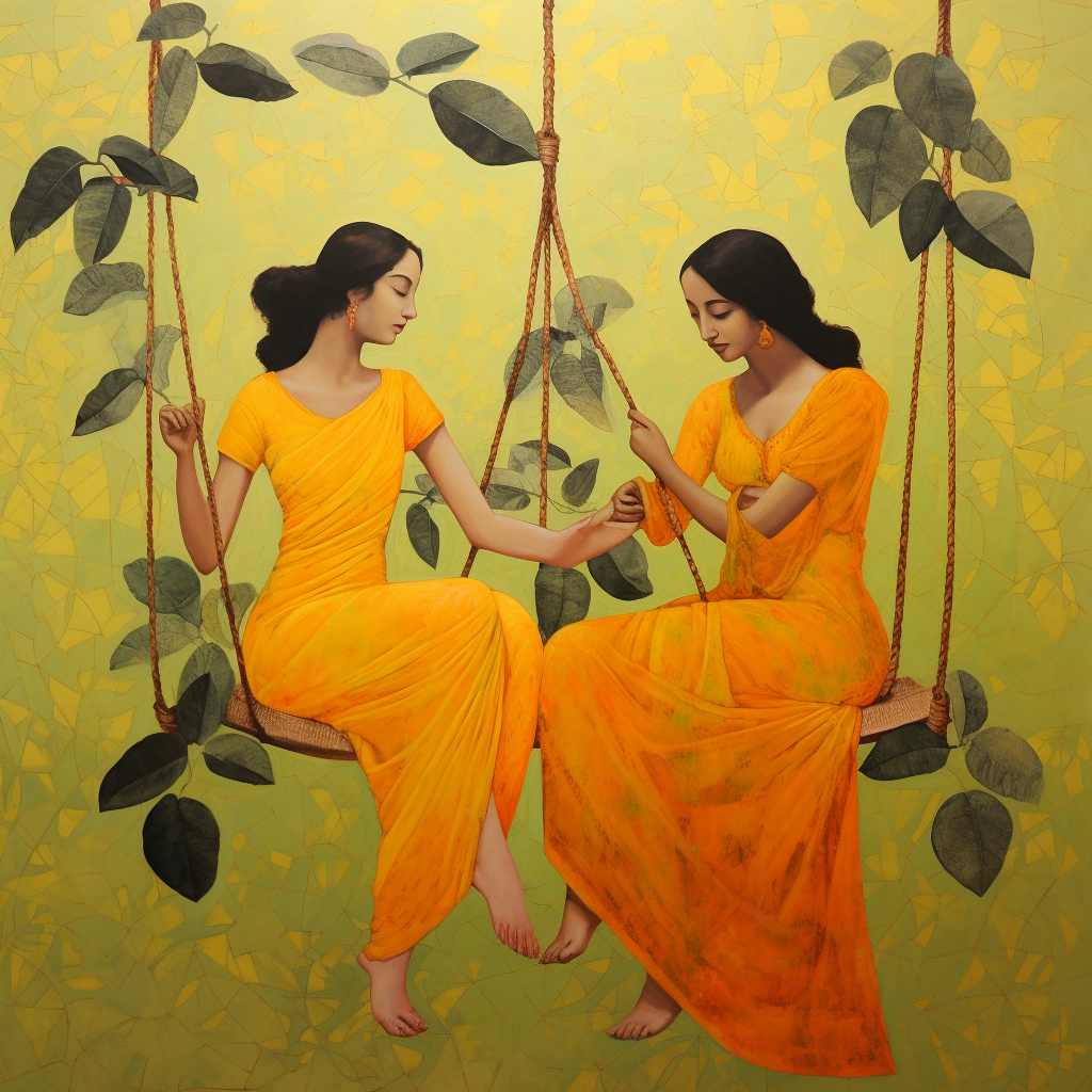 Colorful painting of swinging girls under mango tree