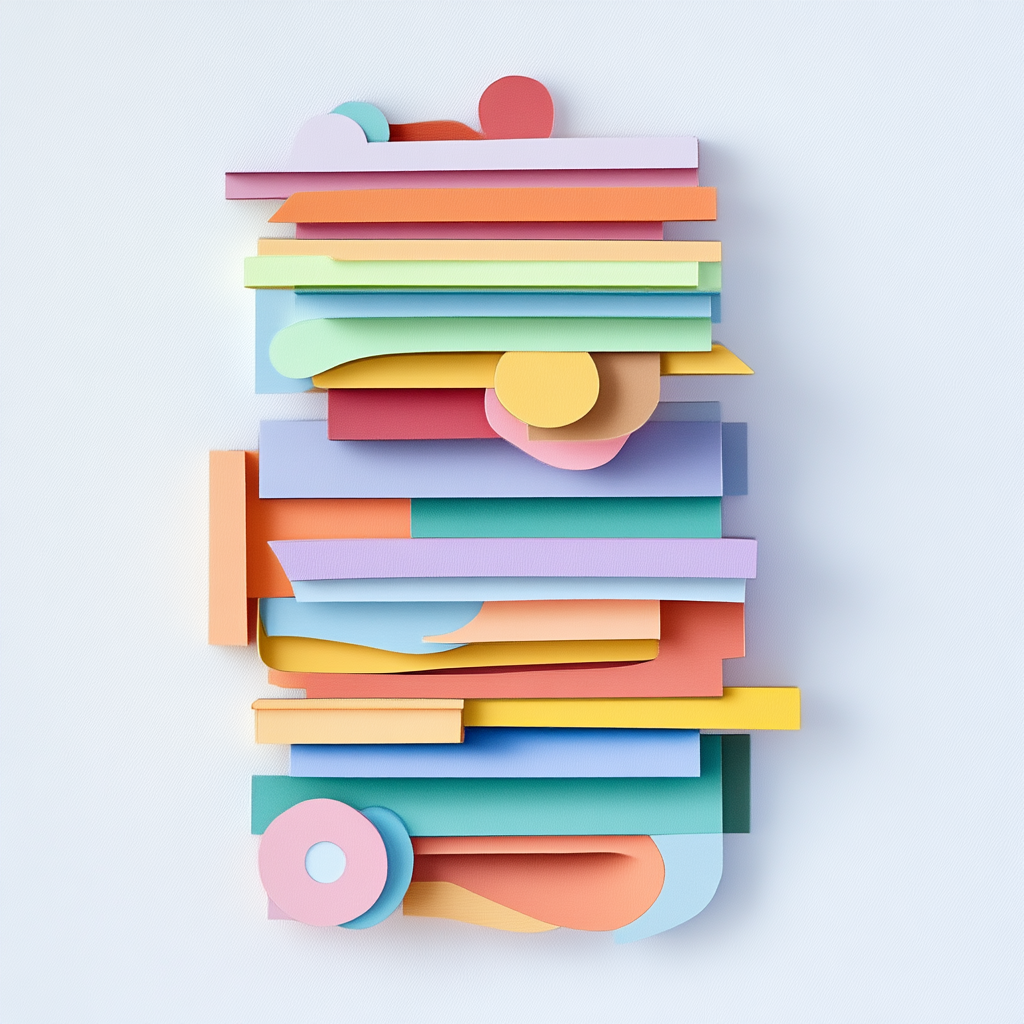 Colorful paper stack with curly and square brackets.