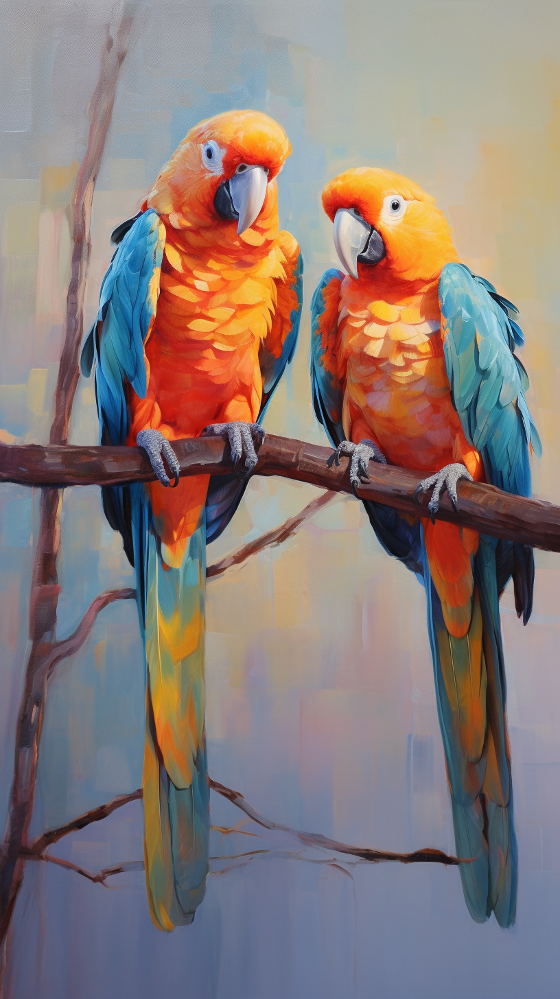 Colorful parrots on a branch, vibrant oil painting scene.