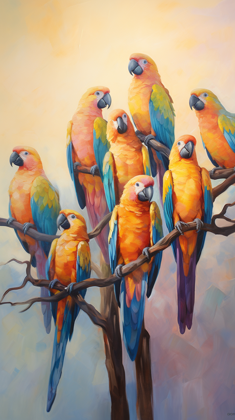 Colorful parrots on branch in vibrant oil painting scene.