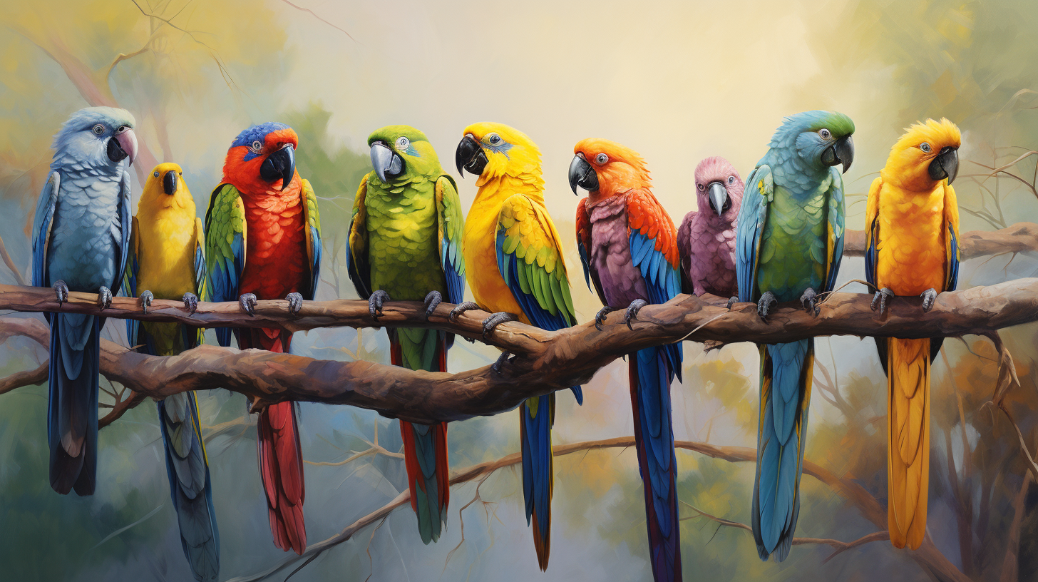 Colorful parrots on branch with pastel sky background, textured.