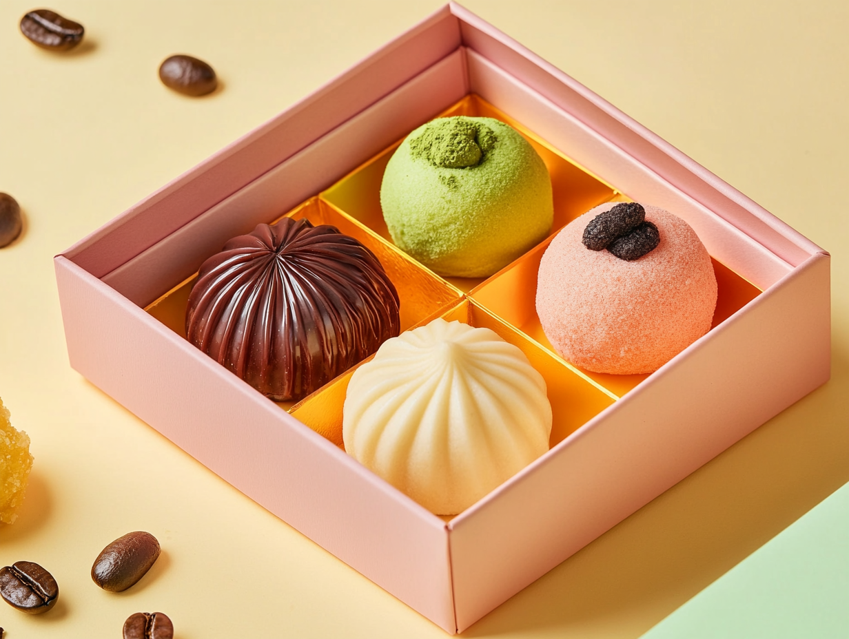 Colorful pastry box with chocolate and matcha balls